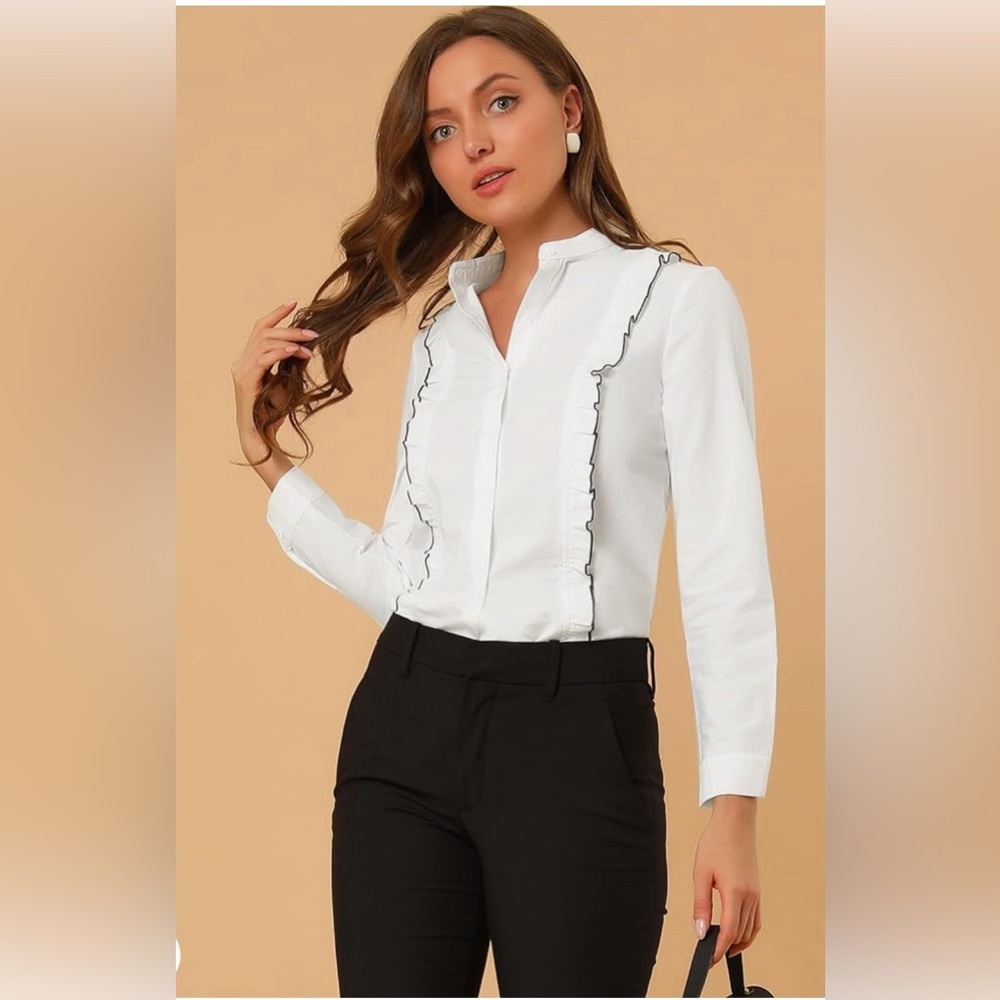 Allegra K Womens Ruffle Shirt Long Sleeve StandCollar Button Down Office Tops XL